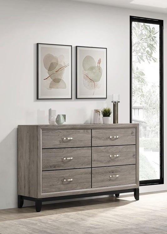 Coaster Home Furnishings - Valen - Wood - 6-Drawer Dresser with Curved Pull Handles, Groove Detailing, and Nickel Hardware - Bedroom - Light Taupe - 215913
