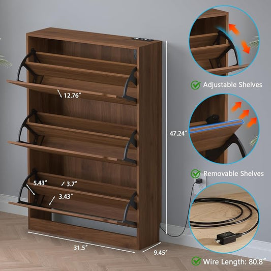 BORNOON Shoe Cabinet with Odor Control and Back Panels, Deodorizing Slim 3-Flip Shoe Storage Cabinet for Entryway, Freestanding Hidden Shoe Rack Organizer for Entrance, Hallway, Bedroom