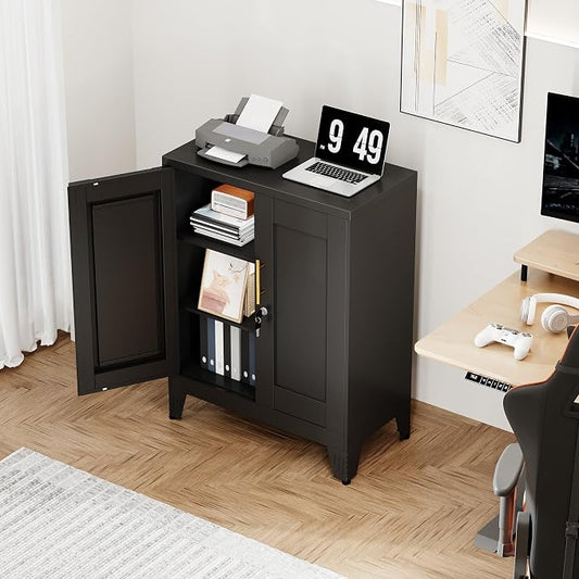 Black Metal Storage Cabinet, 36" Tall Locking Storage Cabinet with 2 Adjustable Shelves, Steel Locker Organizer, for Office, Home, School