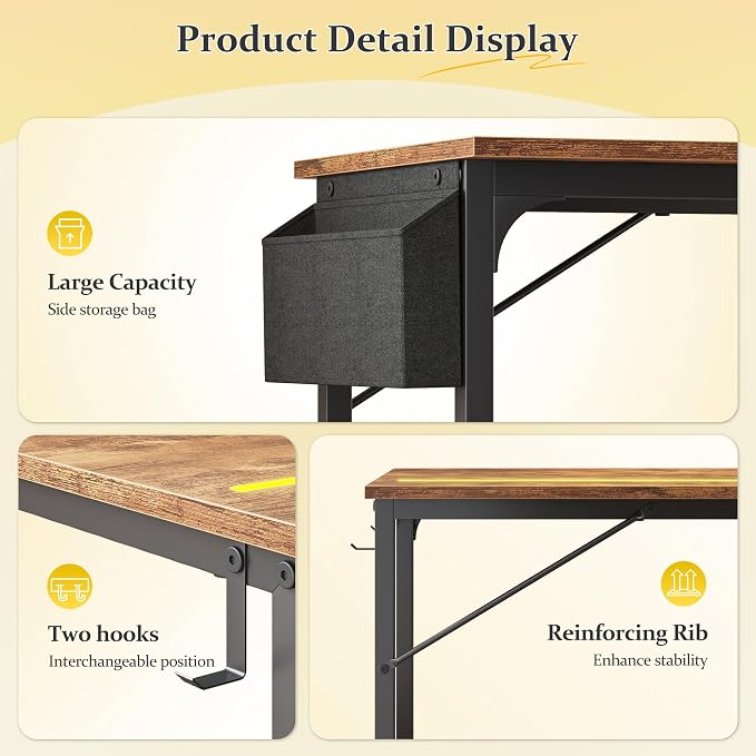 DurayLoly 32" Computer Desk with Waterproof LED Lights,Bedroom Study Desk for Teens,Dorm Room Essentials,Headphone Hook&Storage Bag for Small Spaces,Sturdy Metal Frame,Rustic Brown