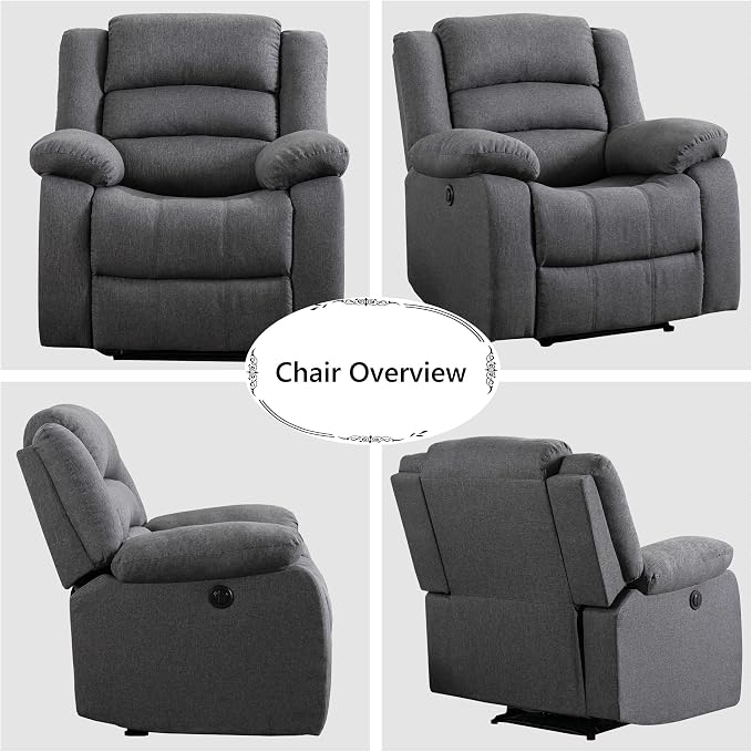 EBELLO Classic Power Recliner Chair, Oversized Electric Overstuffed Chair with Thicked Cushion and Back, Single Sofa with Comfortable Armchair, Gray, 2Pcs