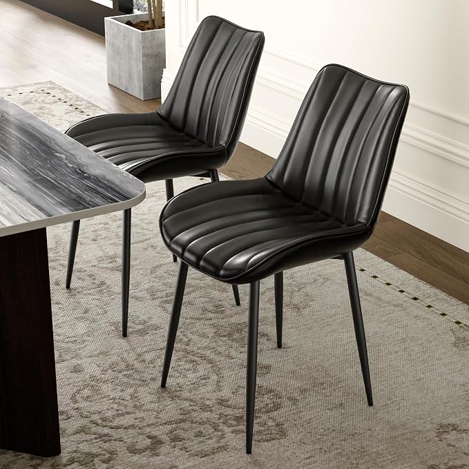 VECELO Dining Chairs Set of 2, Vegan Leather Fabric & Metal Frame, Mordern Style for Kitchen, Living Room,Offcie, Black