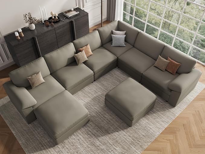 EASE MOOSE Modular Sectional Sofa, Oversized Faux Leather Sectional with Ottoman, Wide Deep Modular Couch, Scratch Resistant Faux Leather Material, U Shaped Couch for Big Spaces, Light Grey