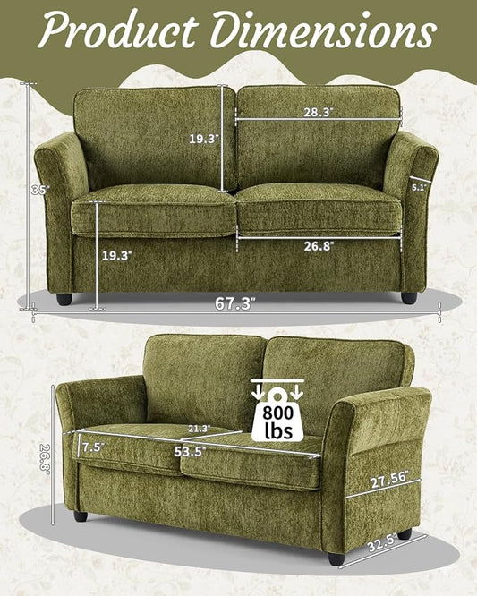 Karl home 67" Loveseat Sofa, Chenille Fabric, Green | Removable Covers, Outward Arms, Spring Cushion & Solid Wood Frame, Deep Seat for Living Room, Bedroom, Apartment