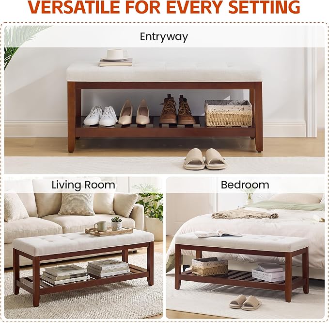 HUBSON 44" Entryway Shoe Bench, Upholstered End of Bed Bench with Solid Wood Shelf, Button Tufted Shoe Bench for Bedroom, Hallway, Living Room, Beige