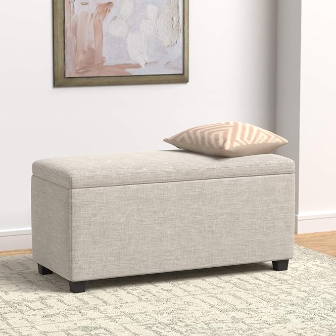 Basics Upholstered Storage Ottoman Bench with Soft Close Lid, Child-Safety Hinge, No Assembly Required, 35.5"W x 16.5"D x 17"H, Beige
