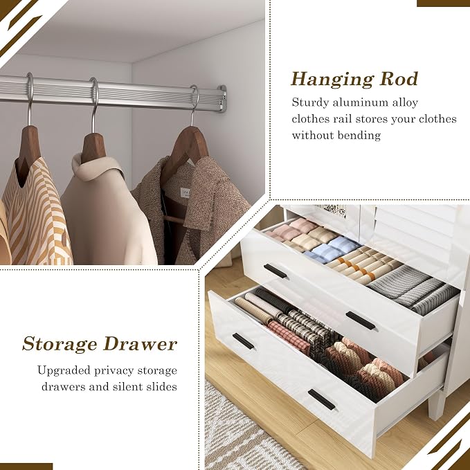 jiteentarou 2 Door Armoire Wardrobe Closet Cabinet with Drawers and LED Lights, Multi-Tier Shelves, Hanging Rod & 2 Louver Doors, Large Capacity Storage Wardrobe Armoire for Bedroom(2 Doors White)