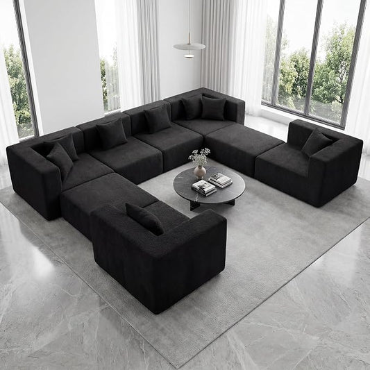 MONVANE Modular Sectional Sofa, Oversized 8 Seat Convertible U Shaped Couch with Ottoman, Comfy Teddy Velvet Cloud Couch with Deep Seat, Sectional Couches for Living Room, No Assembly Required, Black