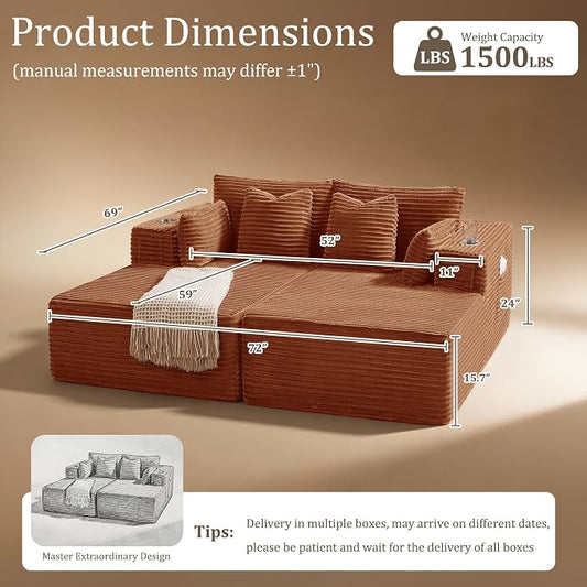 72" Cloud Sectional Couch, Comfort Sleep Sofa for Living Room, Extra Deep Seats No Assembly, Minimalist Modular Couch, Corduroy (Deep Orange, Loveseat Chaise)