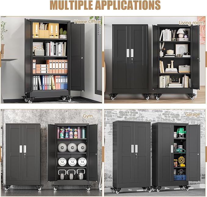 47" H Metal Pantry Storage Cabinet with Wheels,Rolling Kitchen Pantry Cabinet with 2 Doors and 3 Adjustable Shelves, Locker Steel Cabinet,Organization Cabinet for Garage,Home,Gym,School,Black