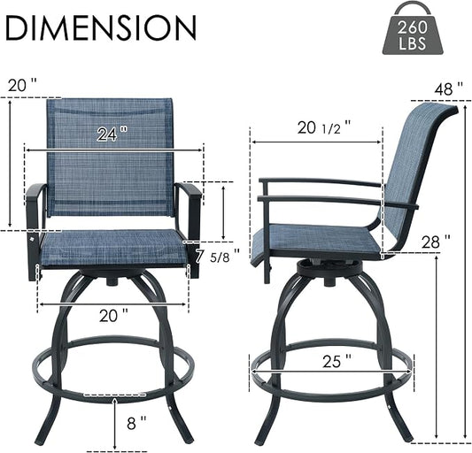 Kozyard Outdoor Swivel Bar Stools Set of 2, 360° Swivel Counter-Height Patio Bar Chairs with High Back, Powder-Coated Steel Frame & Textilene Fabric for Backyard, Balcony, Kitchen Island Navy Blue