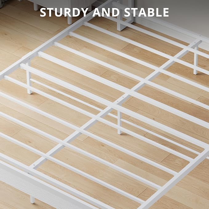 LIKIMIO Full Bed Frame with Headboard, Wood Camas Full with Strong Supports, Sturdy, Noise-Free, No Box Spring Needed, White