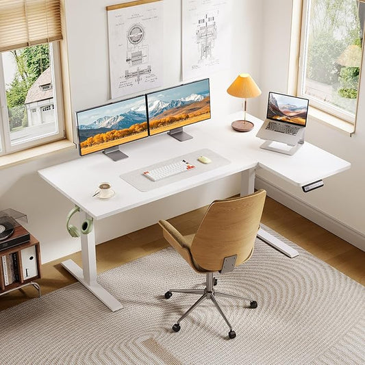 OffiGo Electric L Shaped Standing Desk, 55 Inches Height Adjustable Table, Reversible Corner Stand Up Desk, Lifting Computer Table for Home Office, Computer Workstation, White