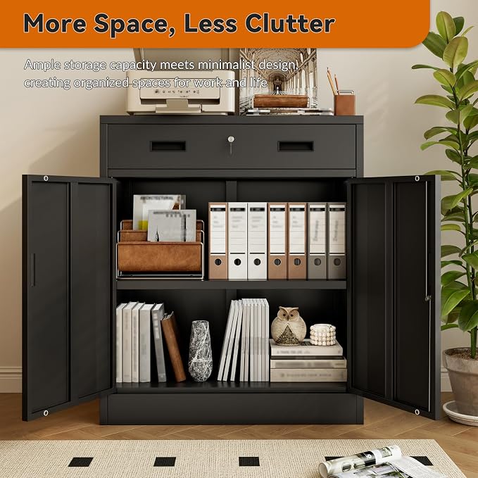 BESFUR Metal Storage Cabinet, Garage Storage Cabinet with One Drawer and Adjustable Shelf, Locking Short Storage Cabinet for Office Garage Home, Black Metal Cabinets(36" H x 27.5" W x 16" D)