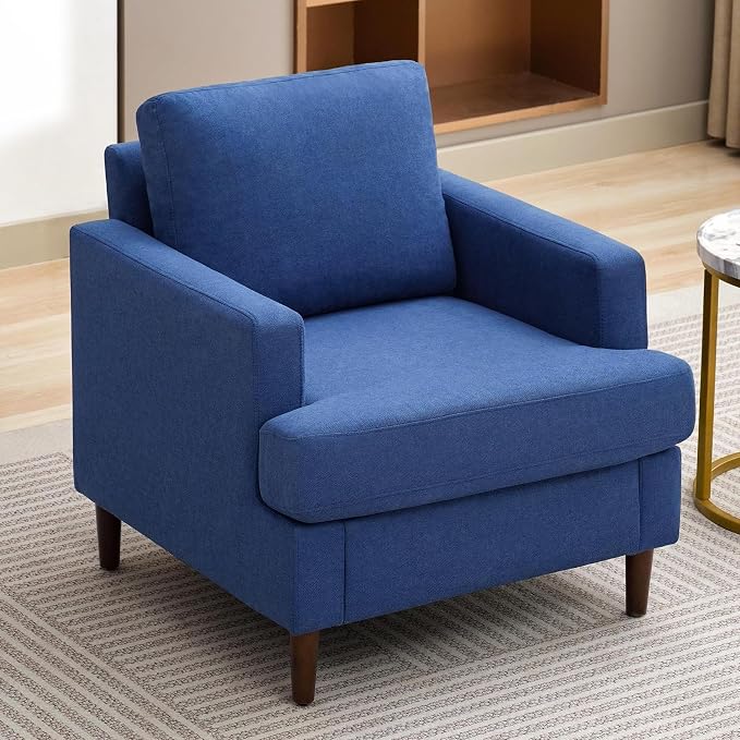 Weture Mid-Century Accent Chair,Modern Linen Fabric Armchair for Living Room,Comfy Upholstered Reading Accent Chairs for Bedroom,Single Sofa Chair with Wood Legs (Blue, 1 Pack)