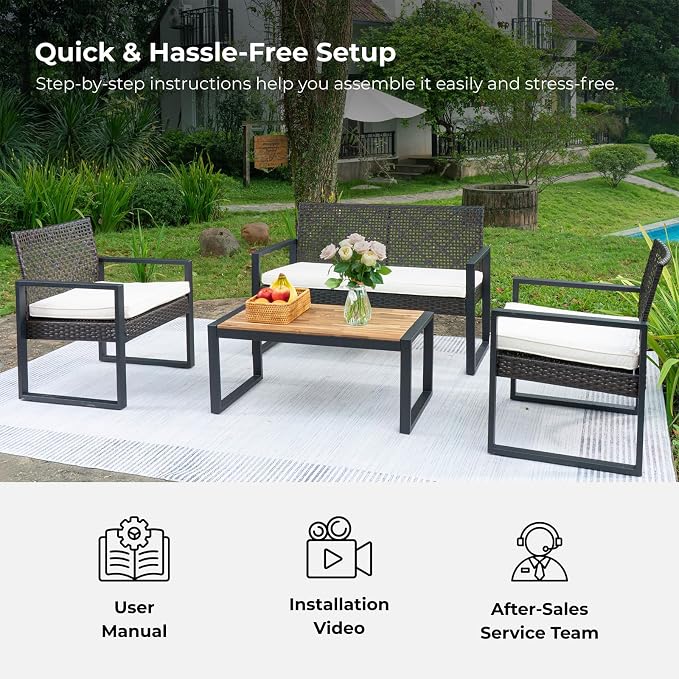 All-Weather 4 Piece Outdoor Rattan Patio Furniture Set (Brown) | Acacia Wood Table & Cushions