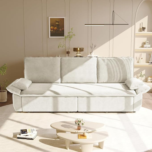 94.5'' Sleeper Sofa Bed King Size, Modern Corduroy Pull Out Couch, 3-in-1 Convertible Futon Sofa, 3 Seater Couches, Cloud Recliner, Pillow Arm, for Living Room, Apartment, Offices, Beige