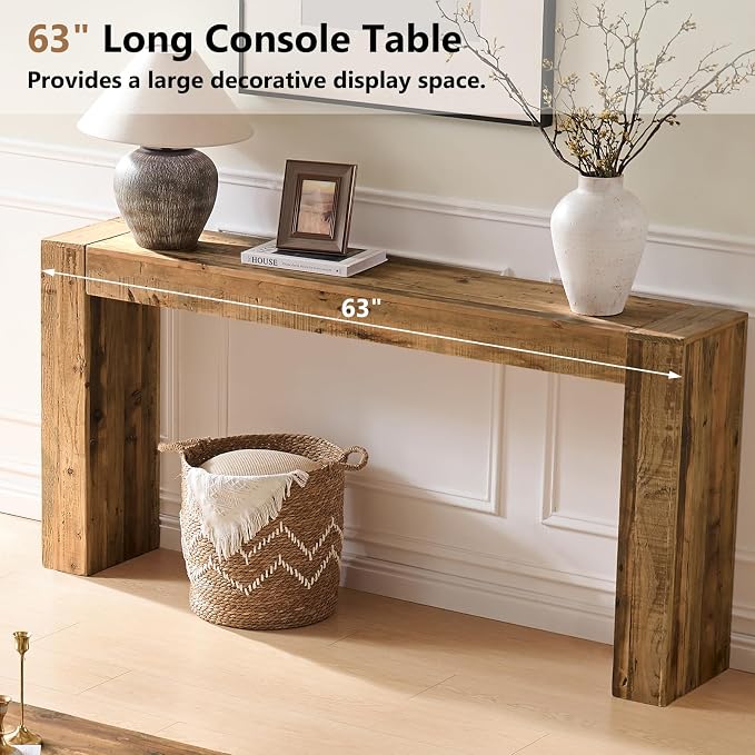 Reclaimed Solid Wood Console Table for Entryway, 63" Long Rectangular Sofa Table Behind Couch, Modern Farmhouse Hallway Entry Table for Living Room, Hallway, Foyer, 10 Mins Easy Assembly