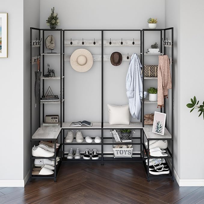 GiftGo Corner Hall Tree with Shoe Rack Storage Bench Display Open Shelves Modern Industrial Entryway Coat Rack Stand for Home Living Room Mudroom Bedroom Multifuncitonal 5 in 1 (Greige)