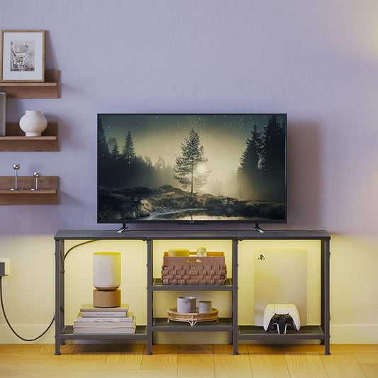 JARHETUN TV Stand with LED Lights for 55 Inch TV, Entertainment Center with 3-Tier Open Shelves, TV Console Table for Living Room, Bedroom, Black