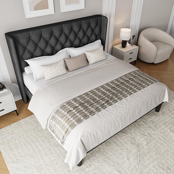 Einhomn King Size Platform Bed Frame with Upholstered Wingback Headboard, 12" Under Bed Space, Wooden & Metal Slats Support, No Box Spring Needed, Black
