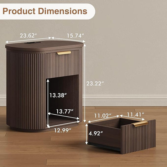 Fluted Nightstands Set of 2 with Charging Station, 23.6" Large Bedside Side Table, Wood End Table with Storage, Curved Round Corner, Furniture Bedroom Sofa, Mid Century Modern, Vintage Boho, Walnut
