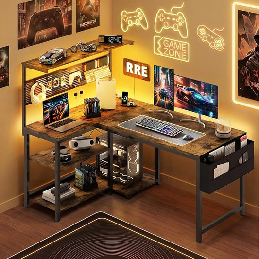 Apicizon L Shaped Desk Gaming Desk with LED Light & Power Outlet, 47 Inch Reversible Computer Desk with Pegboard & Shelf & Storage Bag for Home Office, Rustic Brown