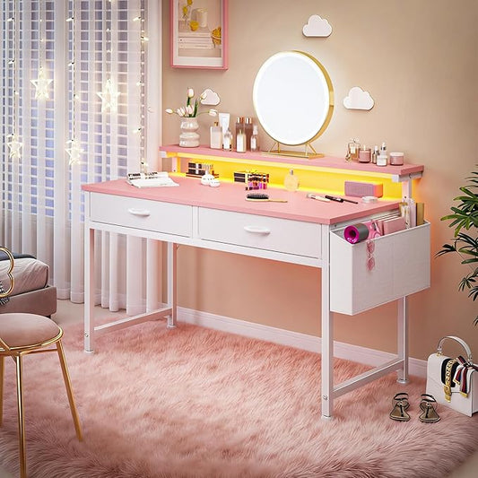 DurayLoly 39.4Inch Office Computer Desk with LED Lights & 2 Fabric Drawers, Gaming Desk with Side Pocket & Ergonomic Monitor Stand, Small Space Study Writing Table with Anti-Tip Design,Pink