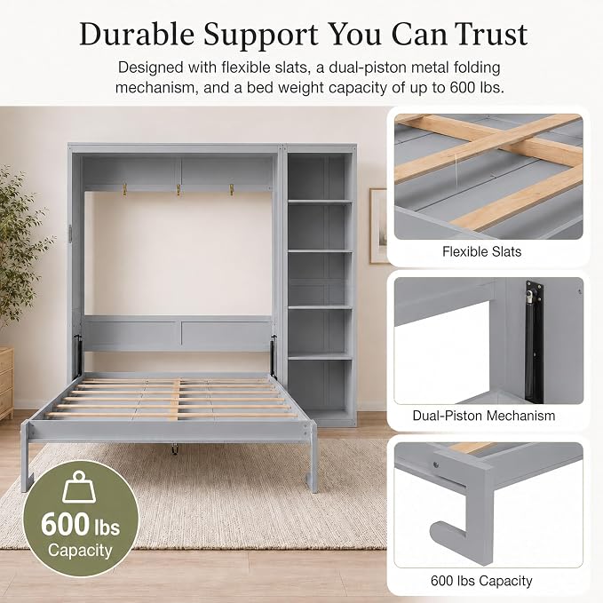 Queen Murphy Bed Cabinet with Storage, Wall Bed with Five-Layer Cabinet, Murphy Cabinet Hidden Bed, Space Saving Cabinet Bed with Dual Piston Mechanism for Apartment, Guest Room, Office (Gray 5)