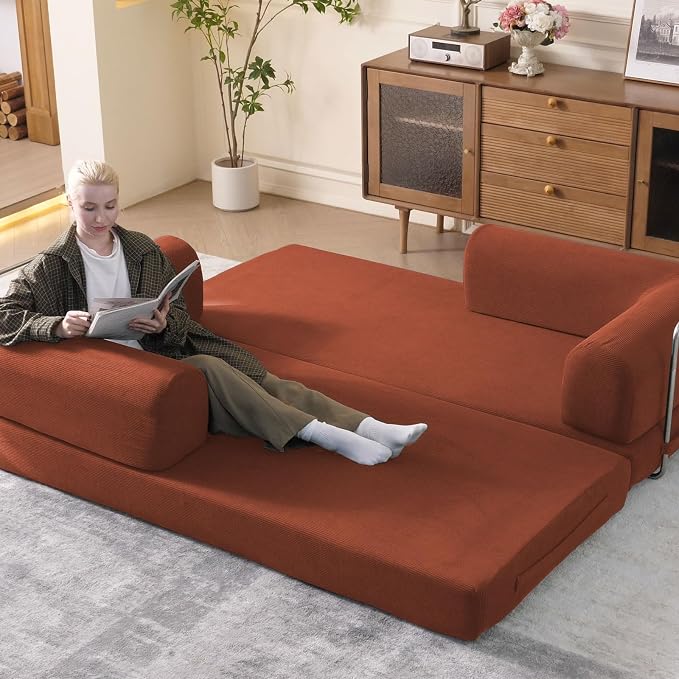WHGBJA 79" Convertible Sleeper Sofa Bed with Cylindrical Pillow, Corduroy Folding Mattress Couch with Fixed-Shape Frame, Floor Sofa Lounge Couch for Living Room Bedroom Lounge Studio