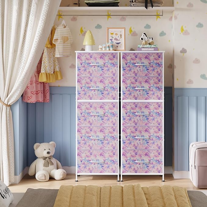 WLIVE Fabric Dresser, 5-Drawer Tall Dressers for Bedroom, Storage Dresser Organizer with Fabric Bins, Wood Top, Sturdy Steel Frame, Chest of Drawers for Closet, Tie-dye Print (Pink, Purple, Blue)