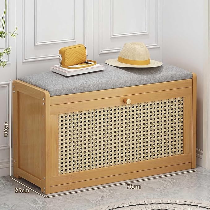 ELEFOCUS Shoe Storage Bench with Rattan Drawers - Slim Shoe Organizer Cabinet for Closet | Space-Saving Closed Shoe Rack (Size:70x25x45cm,Color:Primary Color)