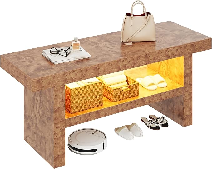 DWVO 39.4" Entryway Bench with Motion-Sensing Warm LED Light, 2-Tier Rustic Thick Wood Shoe Storage Bench for Hallway Bedroom Dressing Room or End of Bed, Burl Wood Finish