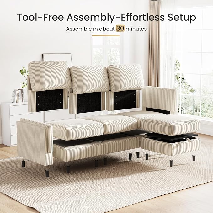 KKL Modular Sectional Sofa Bed with Storage Ottoman, Convertible L/U-Shaped Sleeper Couch for Living Room, Modern Reversible Design (Beige, 4 Seat L Shape)