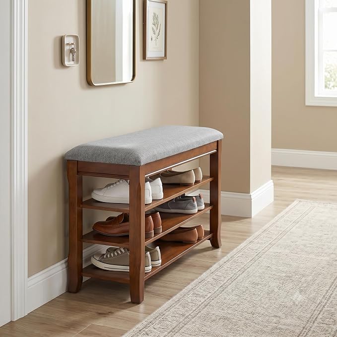 Solid Wood Shoe Bench with Storage, Flip-Top Soft-Close Lid, Adjustable Shelves, Cushioned Entryway Shoe Rack Organizer, 23.6"