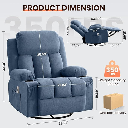 MAHOMICO Swivel Rocker Recliner Chair with Vibration Massage and Heat for Living Room,with Rocking Function and Side Pocket, USB Charge Port,2 Cup Holders