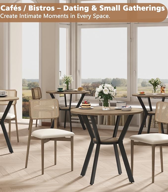 MECHYIN Round Dining Table, 31.5" Small Kitchen Table with Storage, Space Saving Dining Table, Rustic Wood Table with Metal Legs for Apartment, Dining Room & Kitchen Nook