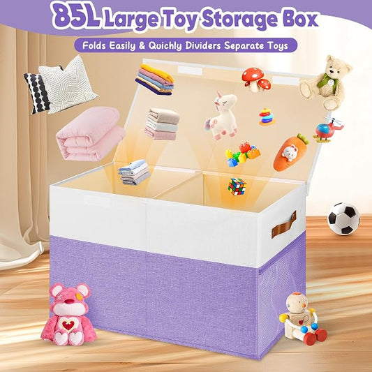 Mabahoo Large Toy Box, Collapsible Sturdy Storage Chest With Lids, Kids Toy Chest Storage Organizer Toddler Bin Boxes for Living Room, Bedroom, Nursery, 25"x13"x16", Purple & White
