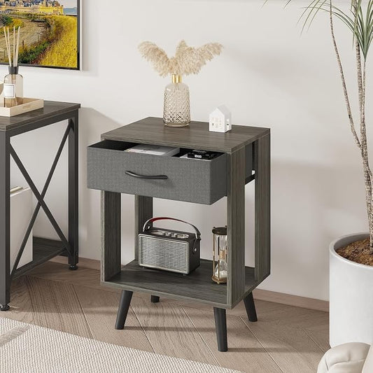 GYIIYUO 24" H Nightstands Set of 2 with Fabric Drawer, Gray | Open Wood Shelf, Side Table with Storage for Bedroom, Spacious 15.7"L x 11.8"W x 24"H Top Fits Lamp + Books, Stable Frame