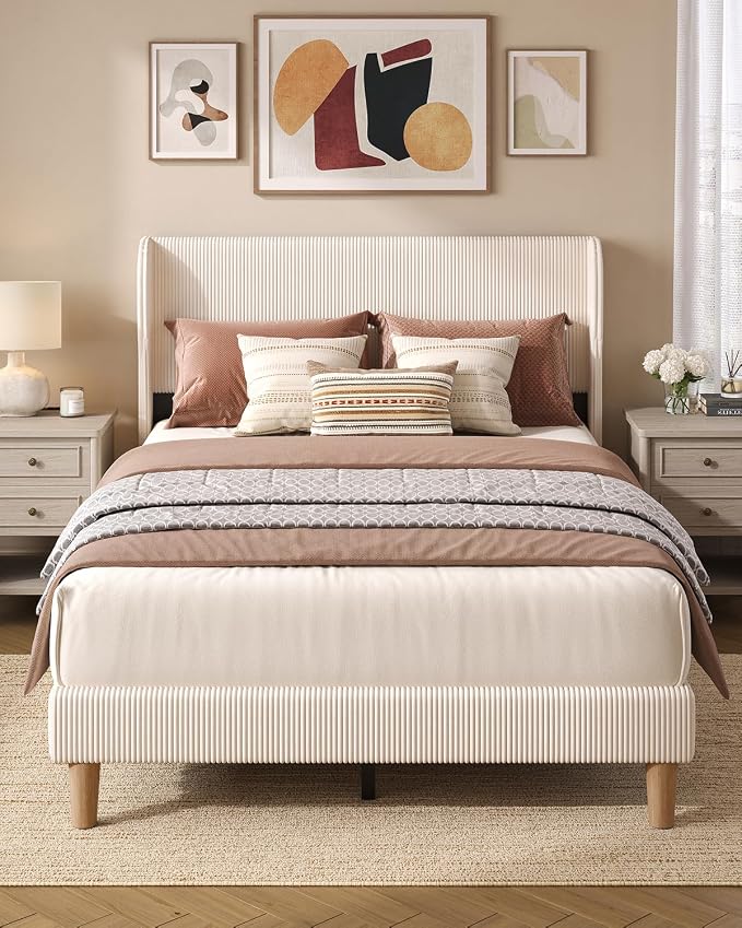 Bestier Full Bed Frame with Wingback Headboard,Upholstered,Beige | No Box Spring Needed,Easy Assembly,Wingback Headboard,No Squeaks,Vertical Channel Corduroy Upholstered,Wooden Slats Support