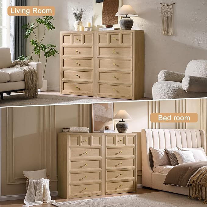 5 Drawers Dresser for Bedroom, 45.7" Tall Large Dresser & Chests of Drawers with Metal Handle, Clothes Storage Organizer w/Natural Texture for Bedroom, Living Room,Natural