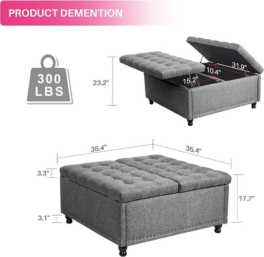 Redlife 35 Inch Large Square Storage Ottoman, Storage Ottoman Coffee Table with Lift Top Linen Ottomans Bench Square Footrest Oversized Upholstered Coffee Table for Living Room Bedroom (Dark Grey)
