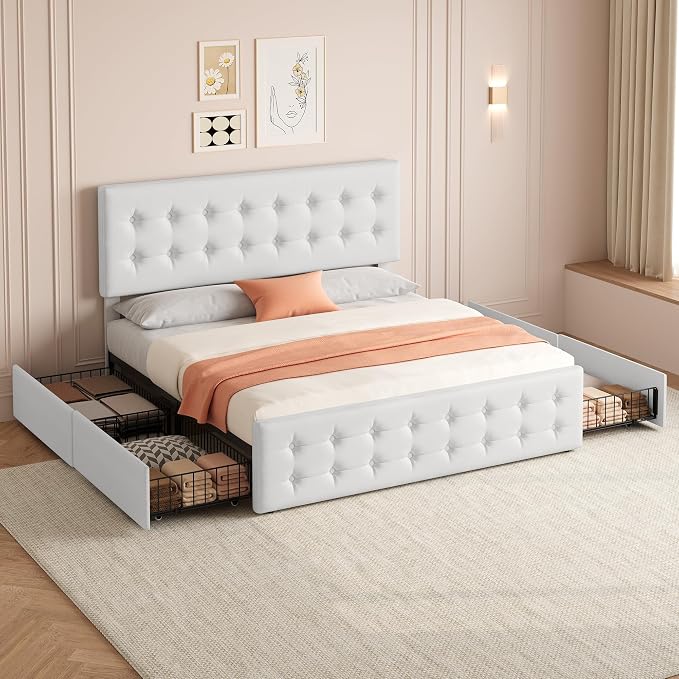 IDEALHOUSE King Size Bed Frame with 4 Storage Drawers and Headboard, Faux Leather Upholstered Platform Bed Frame with Wooden Slats Support, Button Tufted Design, No Box Spring Needed, White