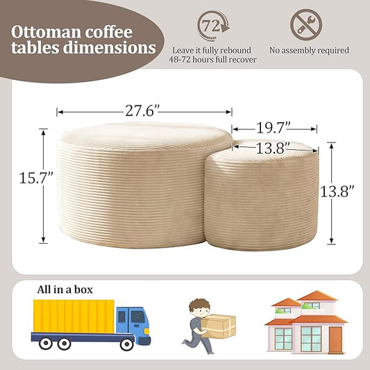 BSHOMGI Round Coffee Table Set of 2, Movable Ottoman for Corduroy Cloud Sectional Couches Circle Foam Round Side Table for Living Room, Bedroom Entryway and Small Spaces No Assembly (Beige)