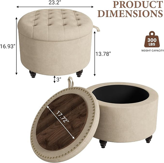 24 Inch Round Storage Ottoman,Modern Tufted Ottomans,Circular Coffee Table with Removable Top,Upholstered Large Ottoman with Storage Footrest Stool for Bedroom Living Room (Lightbrowm)
