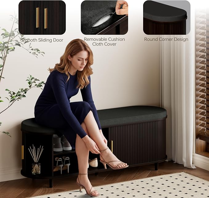 DHH 2-Tier Storage Bench,Wide Shoe Bench with Thickened Padded Seat Cushion, Mid Century Modern Fluted Sliding Door and Adjustable Shelf, for Entryway, Living Room, Bedroom (Dark Walnut, 51.2”)