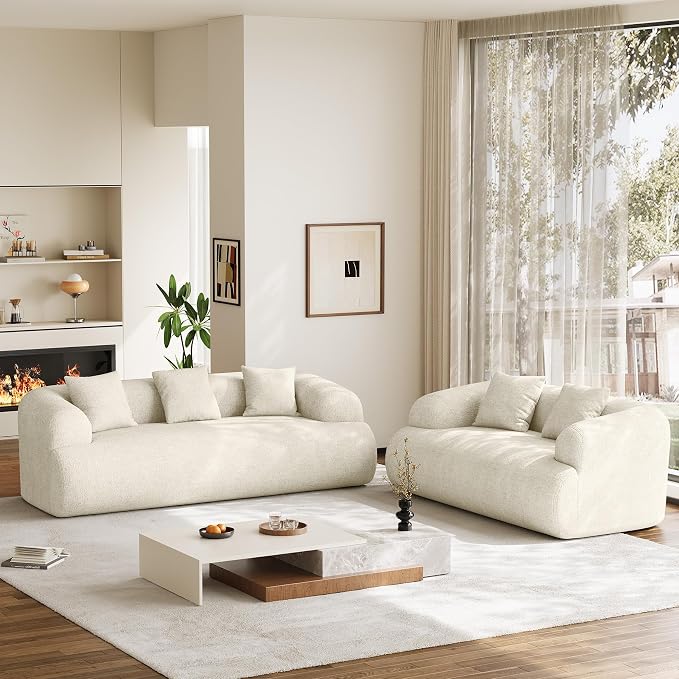 Boneless Couch Set, 91" + 75'' Cloud Couch Set, Chenille Curved Sofa, Modern Compression Sofa for Living Room, Bedroom and Apartment, No Assembly Required, Beige White