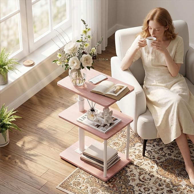 Faesun Swivel Side Table for Couch Arm, Adjustable C End Table for Recliner or Bed, Tv Trays with Storage Shelf for Small Spaces Small Nightstand Table for Living Room, Bedroom,Pink