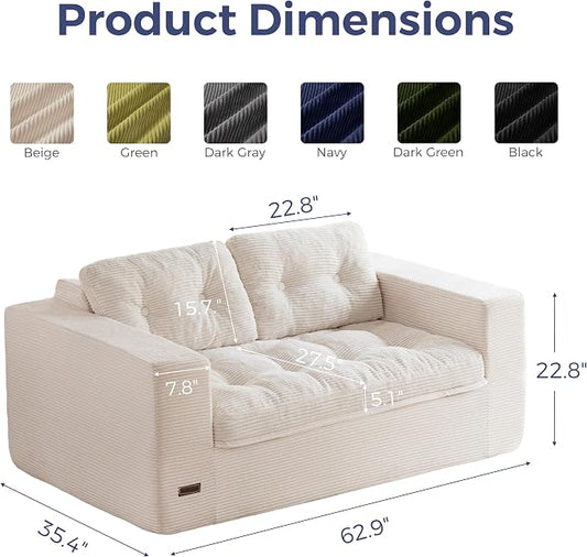 MAXYOYO 63" Loveseat Sofa Couch for Small Spaces, Upholstered Boneless Cloud Couch for Apartment Bedroom, 2-Seater Love Seat Floor Modern Sofa with Pillows, No Assembly Required, Beige