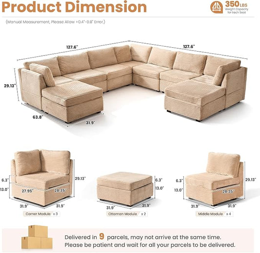 ovios Modular Sectional Sofa Couch with U-Shape Chaise Ottomans, Comfy Plush Corduroy Cloud Couches, Modern Luxury Deep Seat Sofas Set for Living Room, 9-Seater, Beige